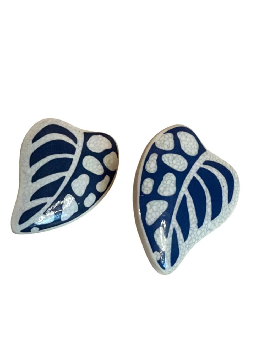 Blue & White Ceramic Leaf Earrings Handcrafted Abstract Unique Statement Jewelry